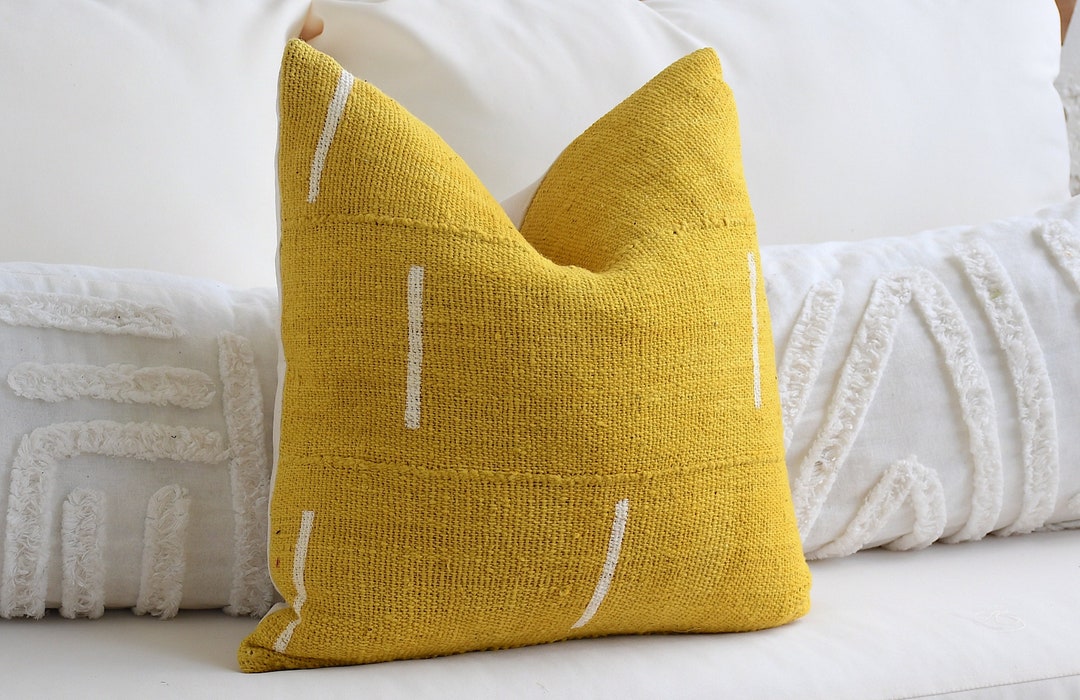 Yellow Throw Pillow Cover, All Sizes Mustard Handmade Mud Cloth, Bright