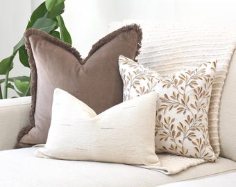 Brown Velvet Fringe Pillow, Floral Embroidered Cushion, Cream Lumbar Cover (Set of 3)