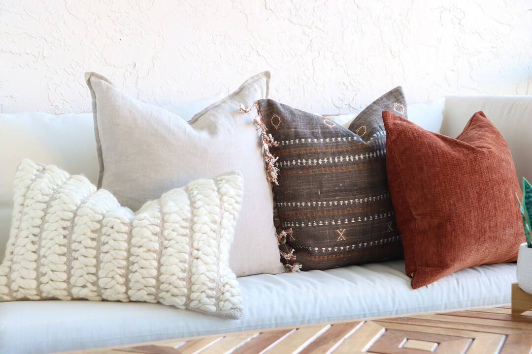 4 Boho Throw Pillow Set, Beige Sofa Pillows, Unique Handmade Pillow