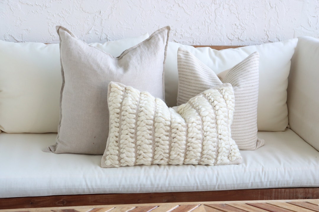 3 Neutral Boho Pillow Set Decorative Pillows Textured Wool Etsy