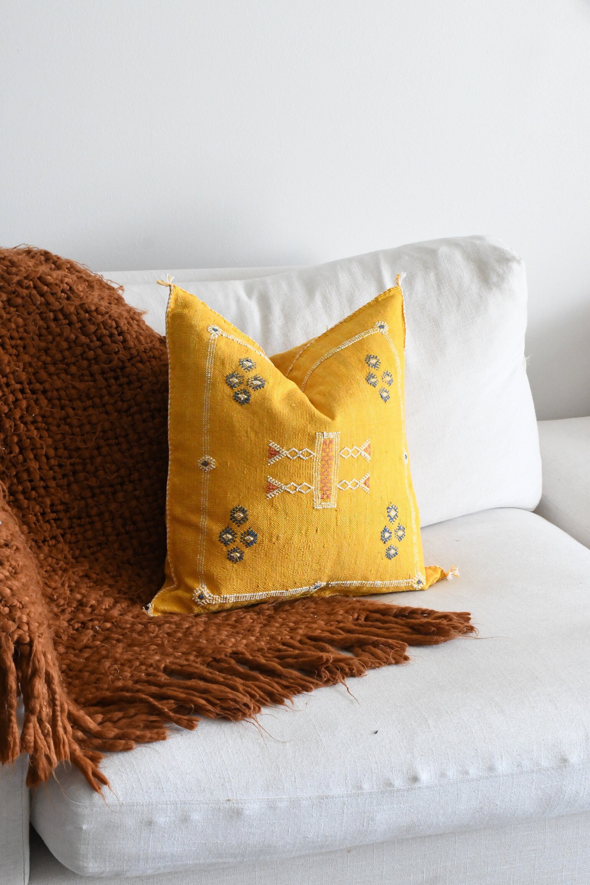 Moroccan cactus Silk 20x20 Yellow Pillow Cover Handmade Handwoven