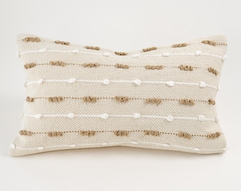 Handwoven Tufted Pillow Cover, Soft Beige Boho Cushion, 20x20