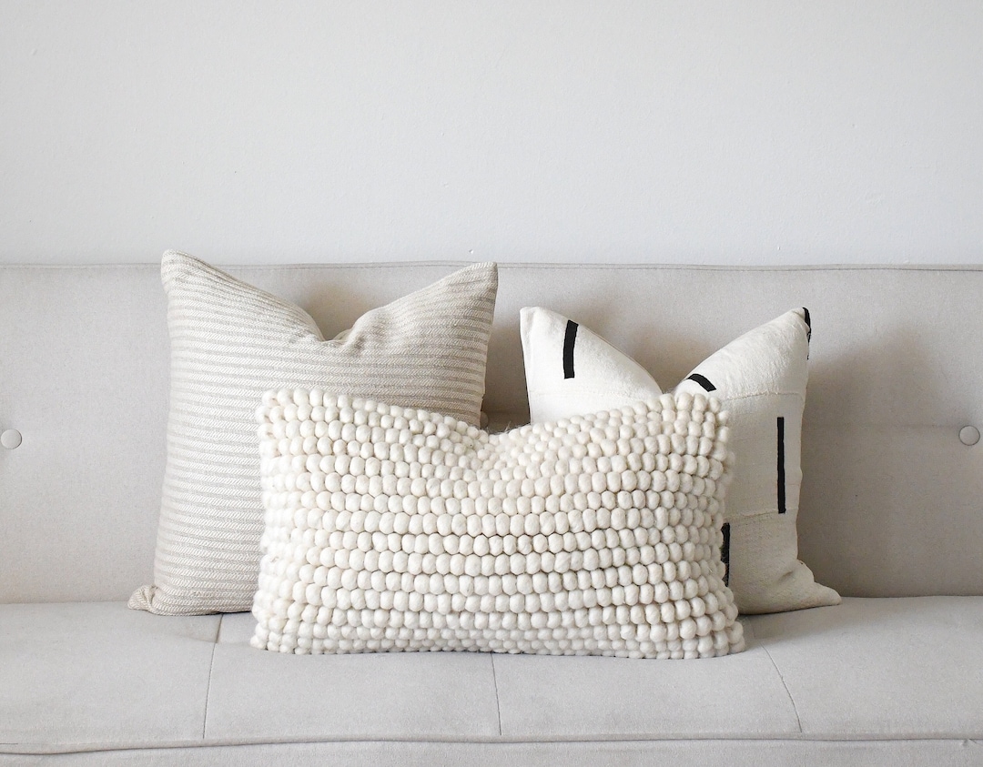 3 Neutral Throw Boho Pillow Set, Offwhite Textured Pillows, Sofa
