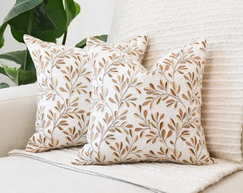 Tan Floral Embroidered Cotton Pillow Cover, Botanical Vine Design, Farmhouse Decor (18x18 or 20x20)