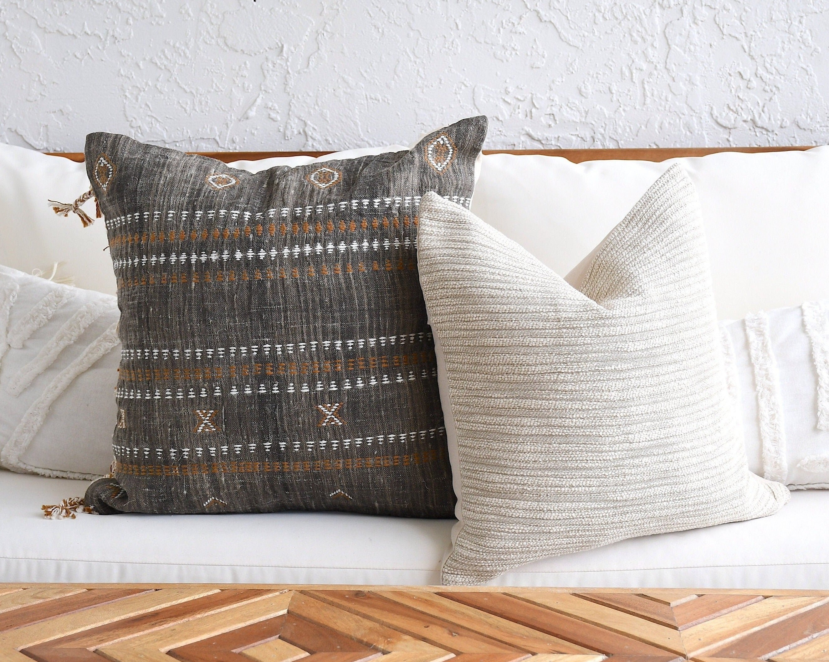 Boho Pillow Combination | Sofa Set | 18 x 18 India Cloth Pillows Brown | 20 x 20 Decor Pillow Cover Set Light Brown | Unique Throw Pillows