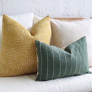 Bright Yellow 20x20 Authentic Mudcloth Throw Pillow Set, Green Lumbar, Beige 18x18 Pillow Cover
