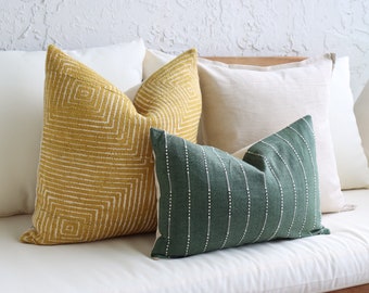 Bright Yellow 20x20 Authentic Mudcloth Throw Pillow Set, Green Lumbar, Beige 18x18 Pillow Cover