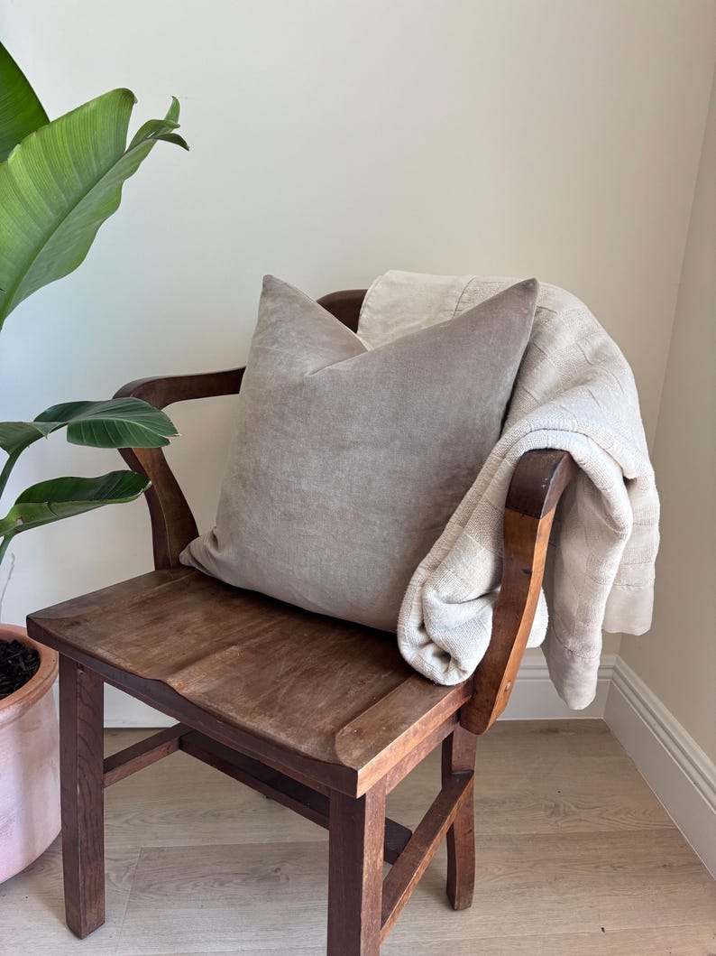 May include: A taupe-colored pillow rests on a vintage wooden chair, with a cream-colored blanket draped over the back. The chair has a dark wood finish. A potted plant with large green leaves is in the background.