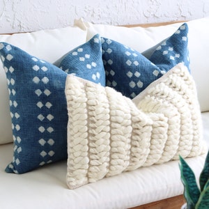Indigo Blue Boho Lumbar Pillow Cover Set, Sofa Pillow Set, Textured lumbar throw pillows, 18x18 Patterned Deep Royal Blue Pillows