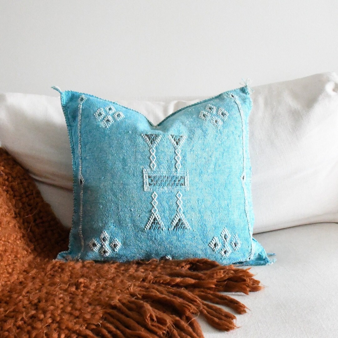 Light Blue Decor Pillow Cover Real Cactus Silk Bright Blue Etsy
