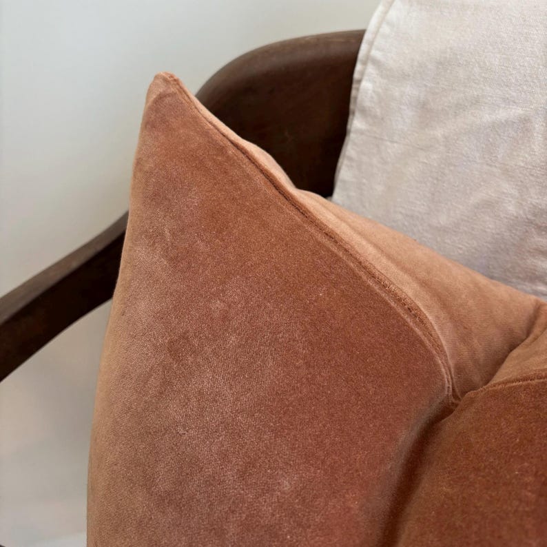 May include: Close-up of a terracotta-colored velvet pillow. The pillow is on a dark wooden chair. The pillow has a soft, plush texture and a stitched seam along the edge. A light-colored pillow is partially visible in the background.