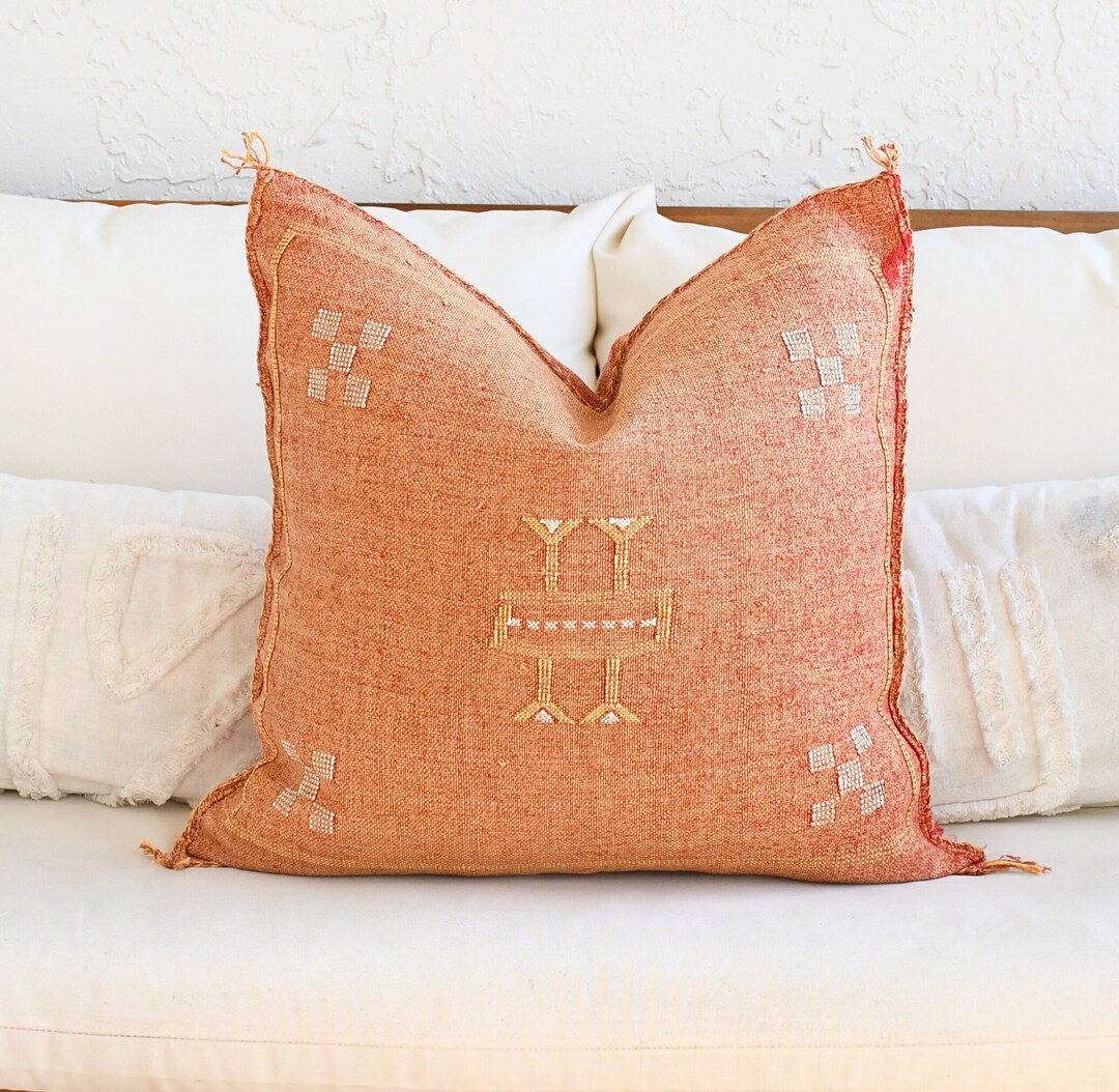 Burnt Orange Moroccan Pillow, Authentic Cactus Silk Terracotta Pillows
