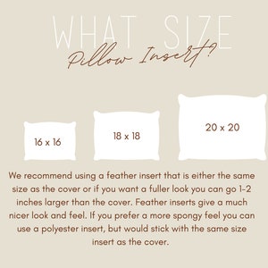 May include: A beige graphic with the text "WHAT SIZE Pillow Insert?" and three white pillow illustrations labeled 16 x 16, 18 x 18, and 20 x 20 inches. The text recommends feather or polyester inserts.