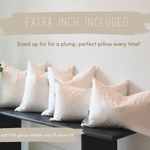 May include: Several white pillows are arranged on a dark bench. The pillows are plump and soft, with the text "EXTRA INCH INCLUDED" above them. The pillows are filled with 95% goose feather and 5% down fill.