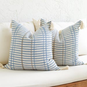 Blue Stripe Pillow cover, Woven Textured Throw Pillow, Coastal Cottage Decor, Beige Decorative Cushion, Farmhouse Cotton Pillow Set