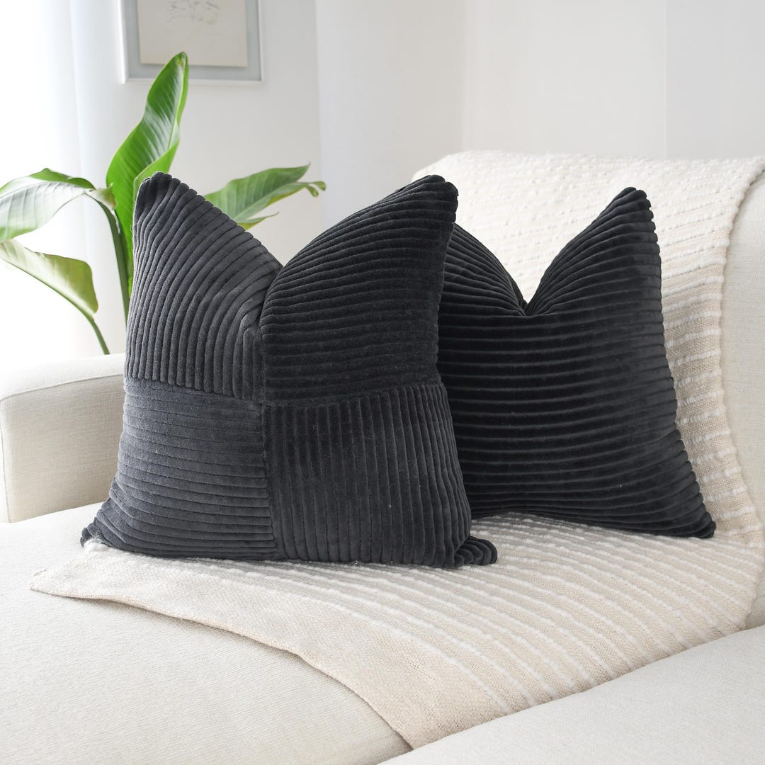 Black Velvet Corduroy Pillow Cover 18x18 – Geometric Square Design