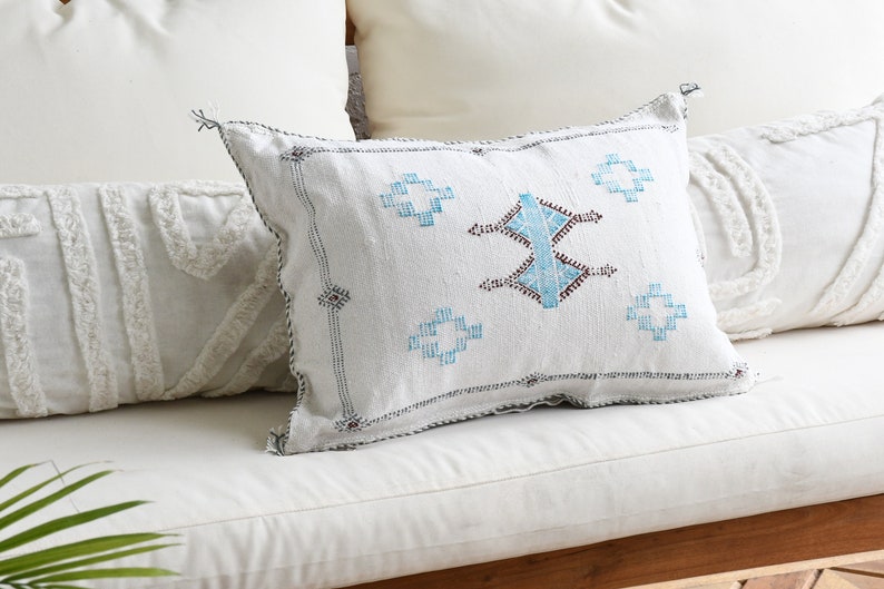White Moroccan Cactus Silk Pillow Cover, Authentic Handmade Decorative Boho Pillows, Throw Pillow Decor, Decorative Pillow Case 15 x 22 inches