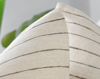 Beige Striped Silk Pillow Cover, Neutral Pillow with Linen Backing, Artisan 18x18 Cushion for Elevated Modern Decor