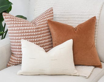 3-Piece Neutral Pillow Cover Set, Block Print Linen, Velvet, Textured Cotton (Insert Not Included)