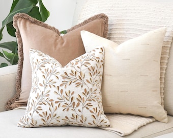 3-Piece Neutral Pillow Cover Set, Velvet Fringe, Floral Embroidery, Textured Cream