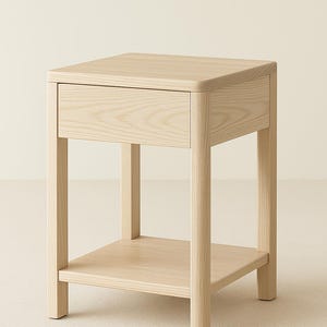 Puede incluir: Una mesita de noche de madera clara con un solo caj&oacute;n y un estante inferior. La mesita tiene una parte superior cuadrada con esquinas redondeadas y cuatro patas cil&iacute;ndricas. La veta de la madera es visible. La mesita mide unos 61 cm de alto.