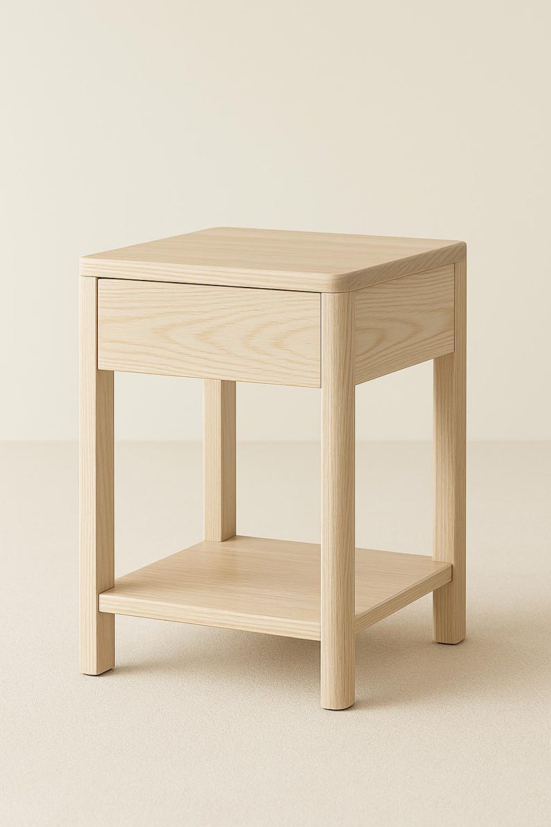 Puede incluir: Una mesita de noche de madera clara con un solo caj&oacute;n y un estante inferior. La mesita tiene una parte superior cuadrada con esquinas redondeadas y cuatro patas cil&iacute;ndricas. La veta de la madera es visible. La mesita mide unos 61 cm de alto.