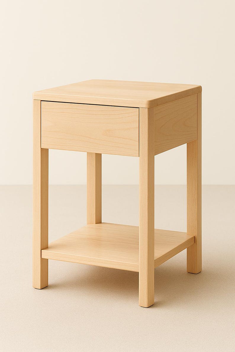 Puede incluir: Una mesita de noche de madera clara con un solo caj&oacute;n y un estante inferior. La mesita tiene una parte superior rectangular y est&aacute; sostenida por cuatro patas cuadradas. El caj&oacute;n tiene un tirador sencillo y empotrado. La mesita mide unos 61 cm de alto.