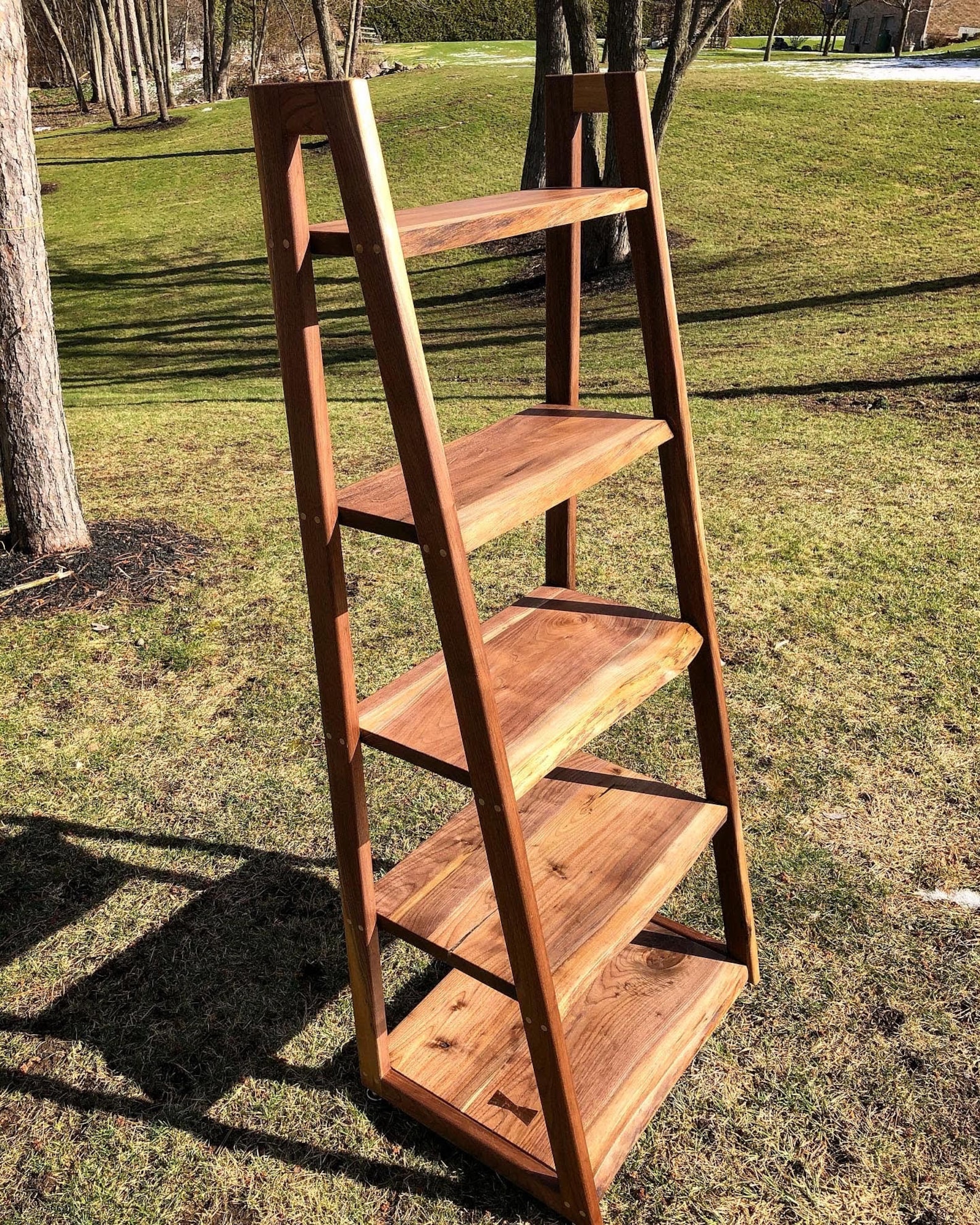 Walnut Ladder Shelf / Live Edge Shelf / Wood Shelving Unit / Bookshelf ...