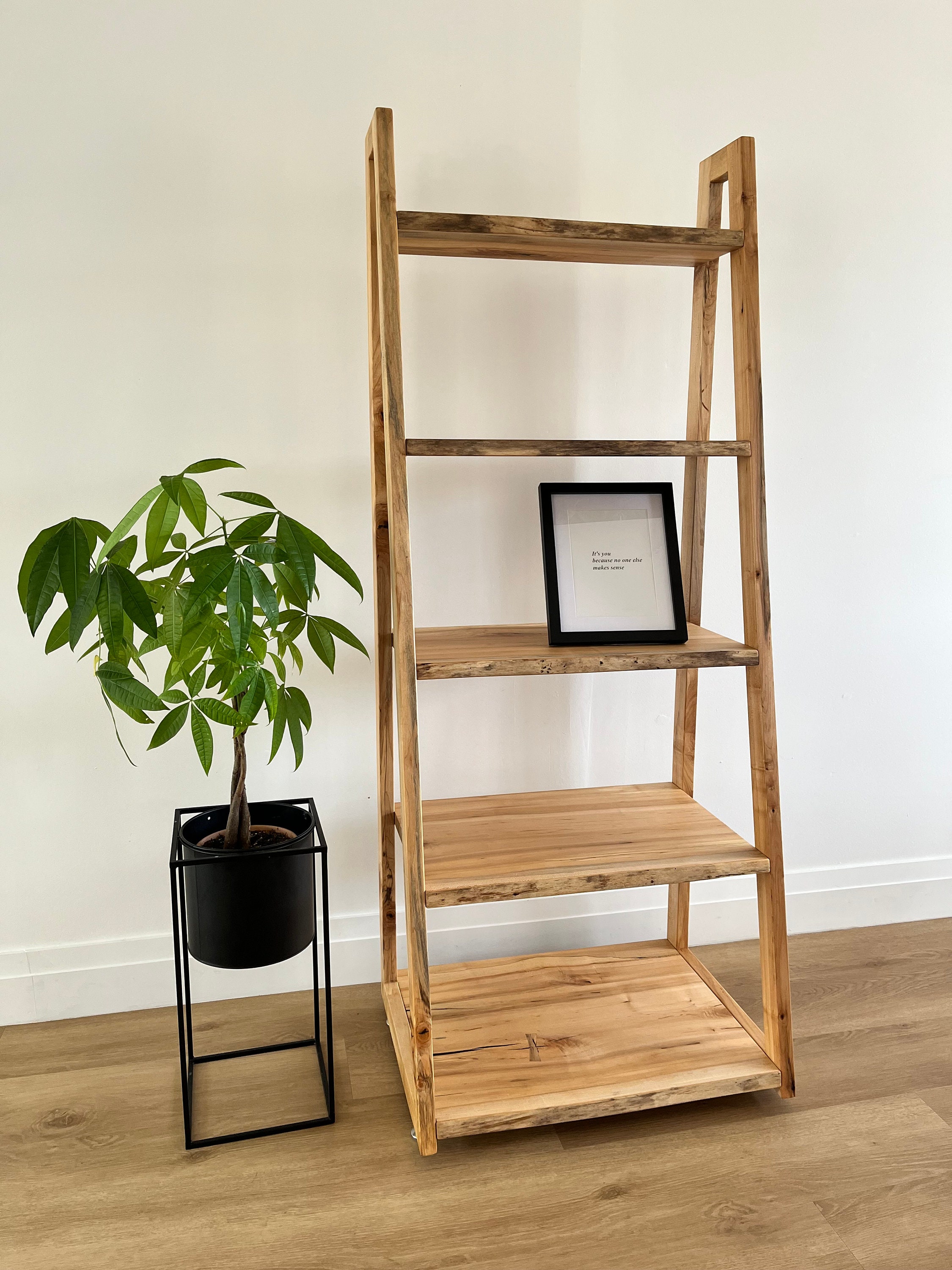 Natural wood ladder shelf discount