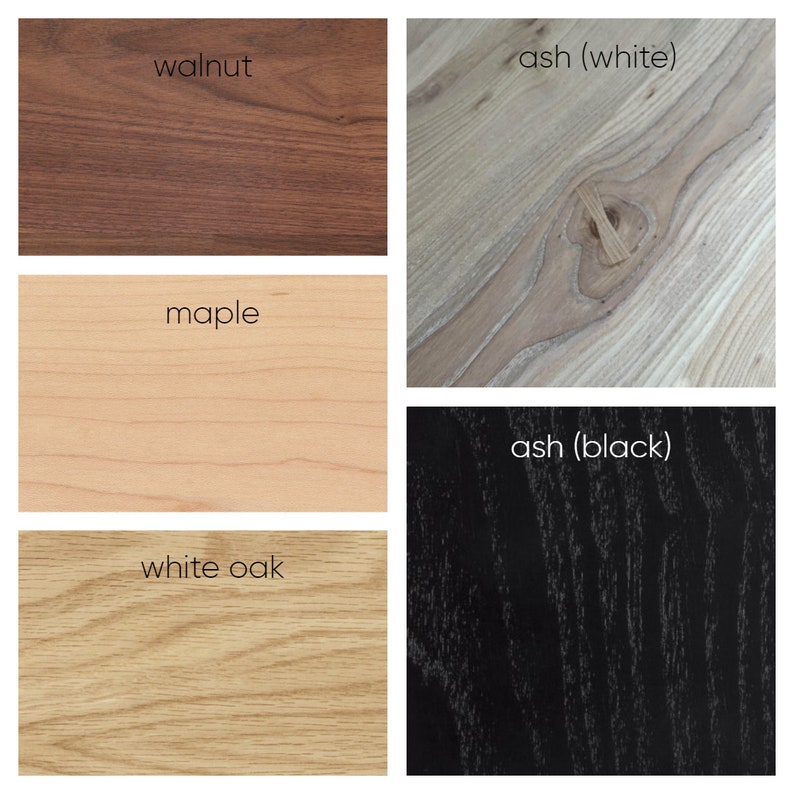 Puede incluir: Un collage de muestras de madera, cada una con un patr&oacute;n de vetas y color diferente. Las muestras incluyen nogal, fresno (blanco), arce, roble blanco y fresno (negro). Cada muestra est&aacute; etiquetada con su tipo de madera.