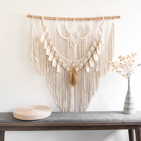 large macrame wall hanging, leaf feather boho wall decor, wall art, macrame tapestry