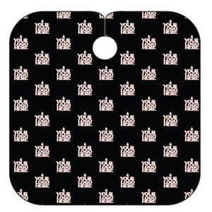 May include: Black barber cape with a repeating pattern of the text "YOUR LOGO HERE" in white. The cape has a rounded shape with a neck opening and a white button. The cape is designed for professional use.