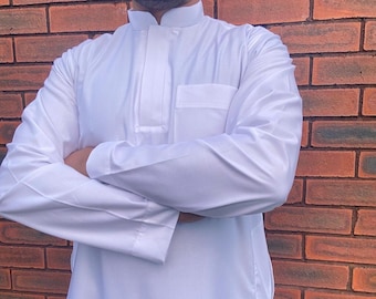 Mens White Collar Thobe Islamic Jubba UAE Arab Qatar Saudi Oman