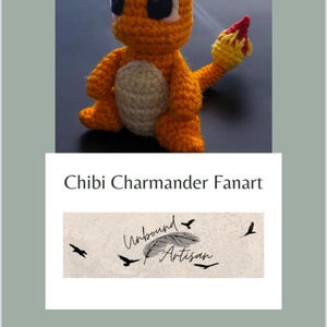 May include: A crocheted orange and grey Charmander Pokemon character with a red and yellow flame tail. The character is sitting on a grey surface. The image includes the text "Unbound Artisan".