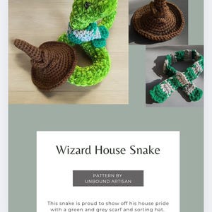 Puede incluir: Una serpiente de crochet verde que lleva un sombrero de clasificación marrón y una bufanda verde y gris. La serpiente es una mascota de la casa de los magos.