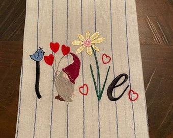 Machine Embroidered Love Gnome Kitchen Towel 100% Cotton