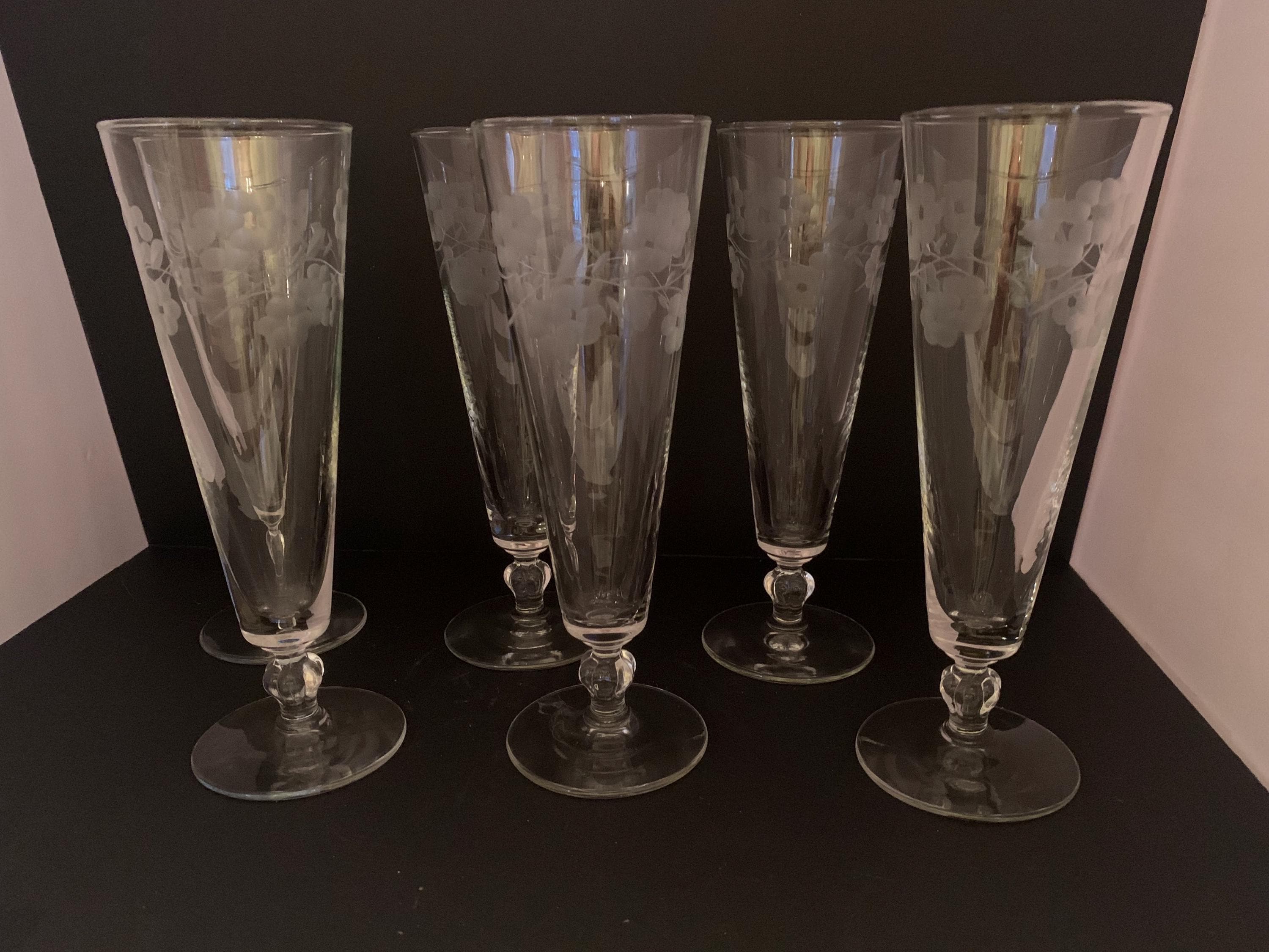 Set of 6 Beautiful Vintage Pilsner Glasses Libbey Etched Floral Pattern, Mid Century Barware