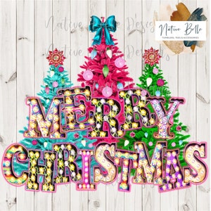 Vrolijk kerstfeest - Funky Christmas - PNG - Sublimatie - Digitale download - Digitale afbeelding - Roze en groenblauw - Marquee Lights - Gebleekt shirt