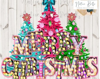 God Jul - Funky Christmas - PNG - Sublimering - Digital Nedladdning - Digital Grafik - Rosa och Blågrön - Marquee Lights - Blekt Skjorta