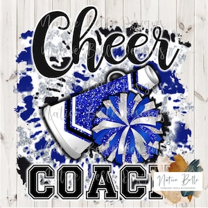 Cheer Coach, azul negro y plata, sublimación, descarga digital, animal print, PNG, diseño de camiseta, tie dye, diseño digital, PomPom, megáfono