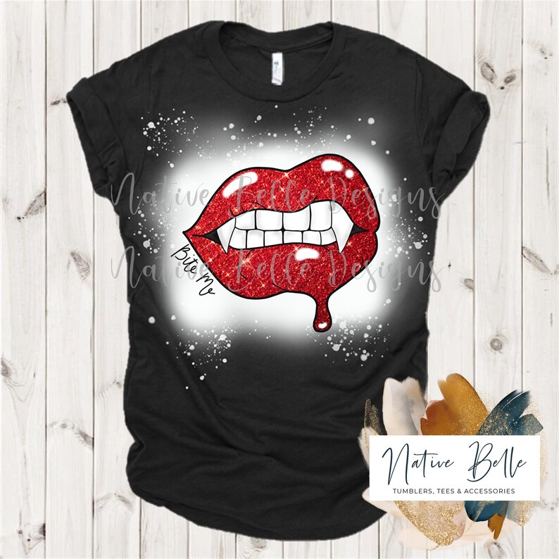 Bita mig-PNG-sublimering-vampyrhuggtänder-glitterläppar-blekt skjorta-digital nedladdning-digital grafik-skjortadesign-Halloween-röda glitterläppar bild 2