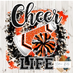 Cheer Life,Sublimation,Digitaler Download,Orange und Schwarz,T-Shirt Design,Tierdruck,PomPom,PomPom,Megaphone