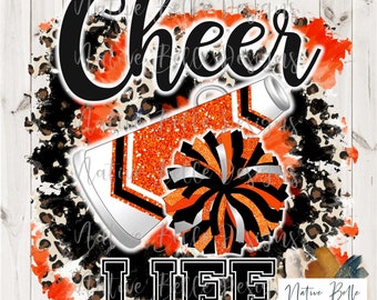 Cheer Life,Sublimation,Digital Download,Orange and Black,Animal Print,PNG,T-Shirt Design,Tie Dye, Digital Design,PomPom,Megaphone