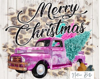 Merry Christmas - Vintage Truck - PNG - Sublimation - Merry Christmas Shirt Design - Digital Download - Pink and Teal Christmas - Christmas