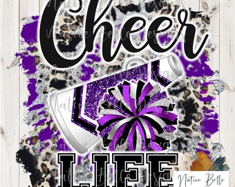 Cheer Life,Purple and Black,Sublimation,Digital Download,Animal Print,PNG,T-Shirt Design,Tie Dye, Digital Design,PomPom,Megaphone