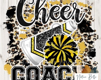 Cheer Coach, Black and Gold, DTF, Sublimation, Digital Download, Animal Print, T-Shirt Design, Tie Dye, Digital Design, PomPom, Megaphone