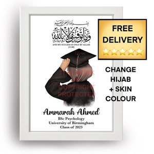 Islamic graduation print + FREE DELIVERY. Personalised Hijabi print. Muslim graduation gift. Class of 2023. Custom Hijabi grad girl Unique