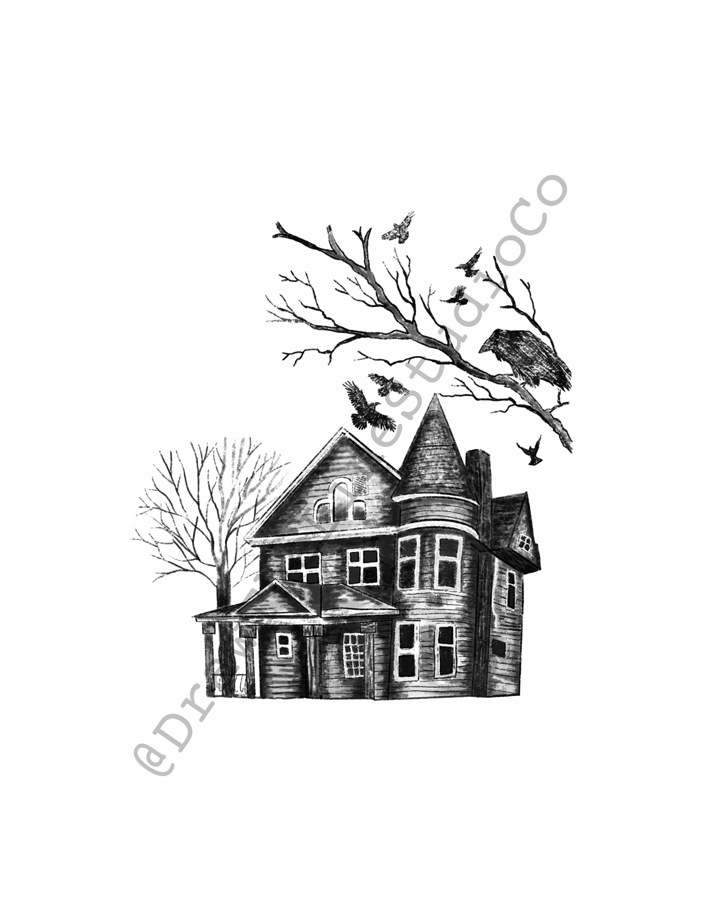 Boo Radley Inspired Haunted House Halloween Drawing Etsy