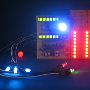 May include: A circuit board with a green LED bar graph, a white LED, a red LED, and a red LED array. The board is connected to wires with red, blue, and green LEDs at the ends.