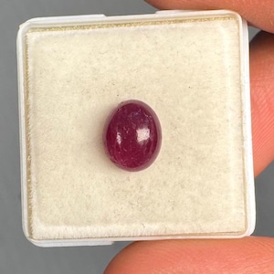 May include: A deep red, oval-shaped cabochon gemstone with a smooth, polished surface. The stone is centered within a square, white plastic display box featuring a soft, textured white foam insert that provides a clean, neutral background.